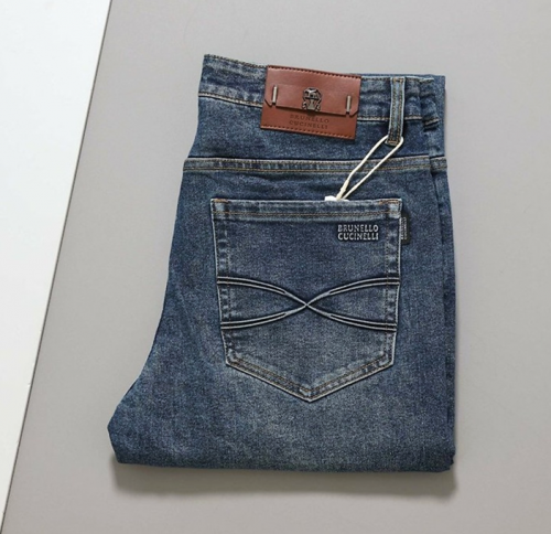 BRUNELLO CUCINELLI 가죽 로고 패치 데님 팬츠
