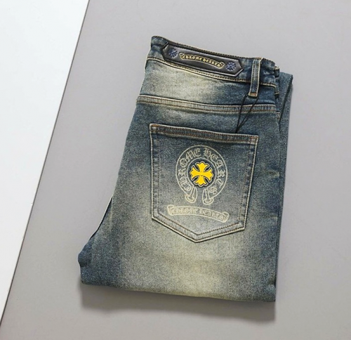 Chrome Hearts 옐로우 크로스 로고 워싱 데님 팬츠