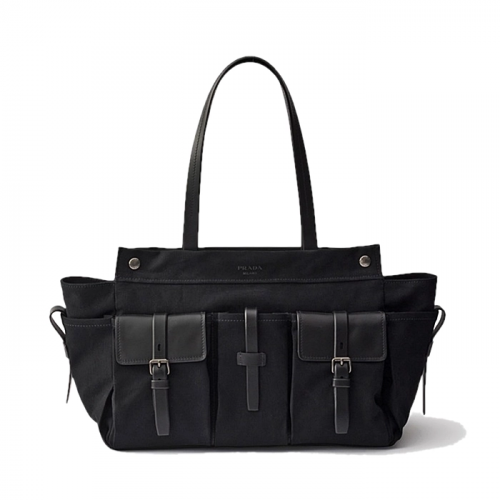 PRADA 루트 캔버스 및 가죽 토트 백