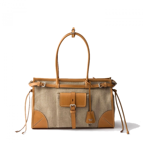 PRADA 보니 린넨 및 가죽 토트 백